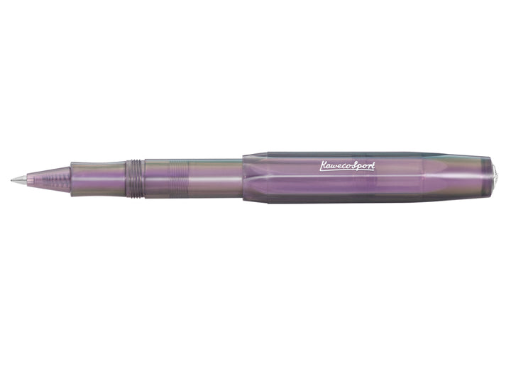 Full view of the Kaweco Lunar Sport Rollerball Pen in Shadow Purple posted with the silver Kaweco Sport logo on the iridescent barrel.