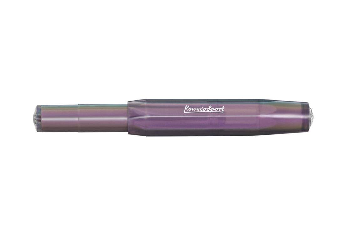 Kaweco Lunar Sport Rollerball Pen in Shadow Purple closed, showing the silver logo on an octagonal, translucent iridescent body.