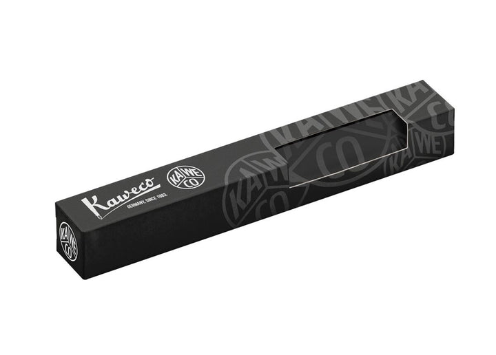 Official Kaweco standard black cardboard folding presentation box featuring a display cutout window and vintage white logo branding, used for packaging the Perkeo rollerball pen.