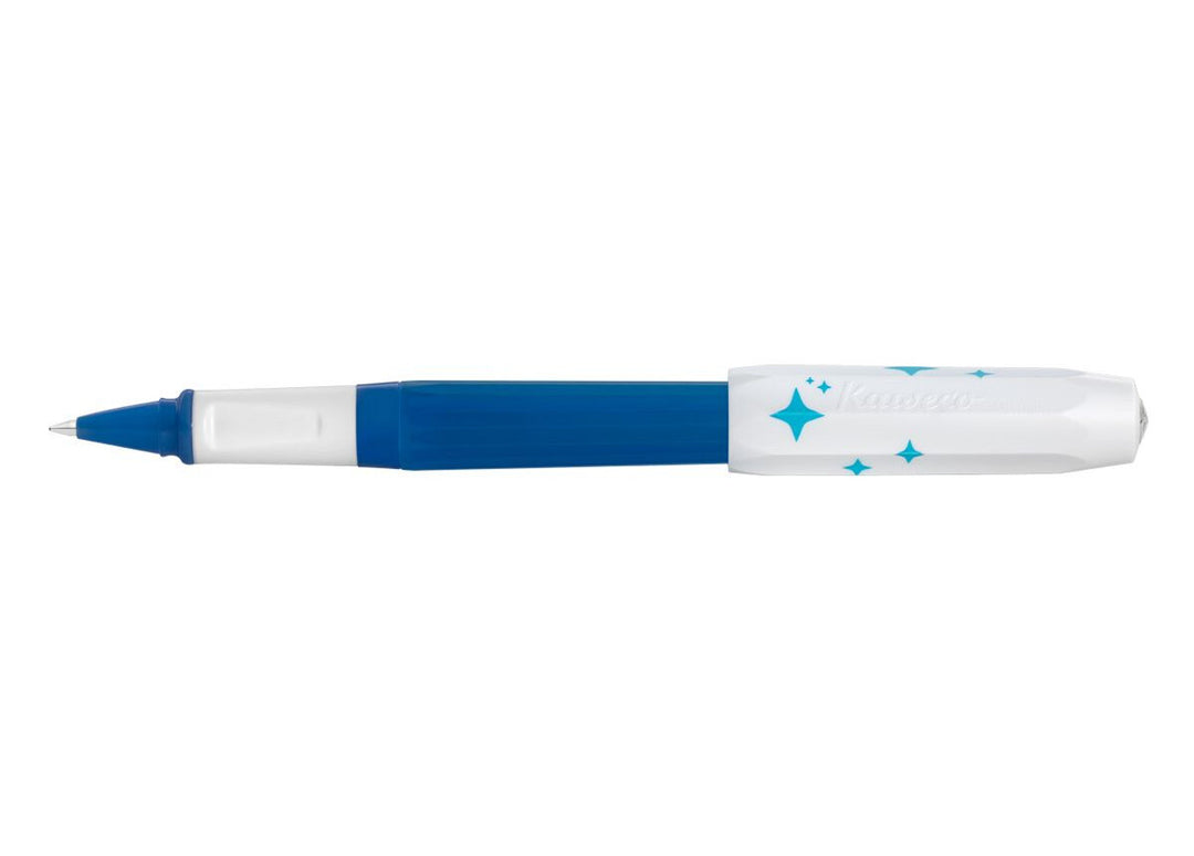 The limited edition Kaweco Perkeo Glow rollerball pen shown open with the cap posted, displaying the deep blue 16-sided barrel, ergonomic white triangular grip, and crisp white cap with blue star motifs.
