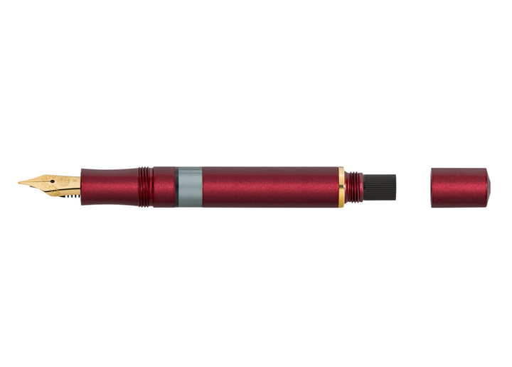 Full view of the open Kaweco Piston Sport AL Fountain Pen in Bordeaux with the blind cap removed, exposing the black piston mechanism turning knob at the back of the barrel.