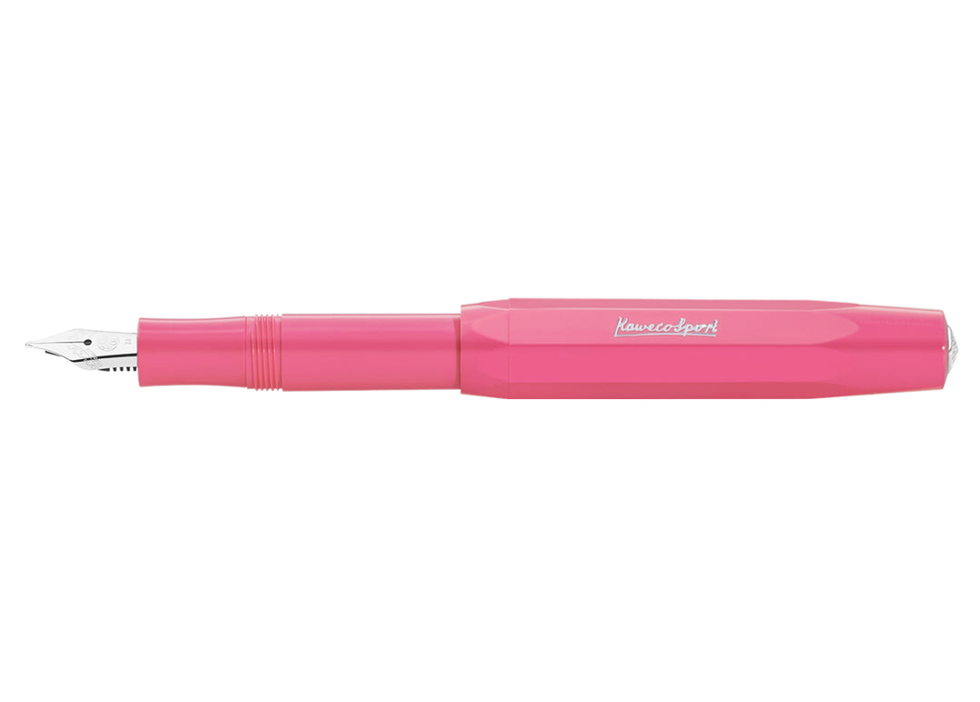 Kaweco Skyline Sport Fountain Pen in Pink open with cap posted, showing silver stainless steel nib.