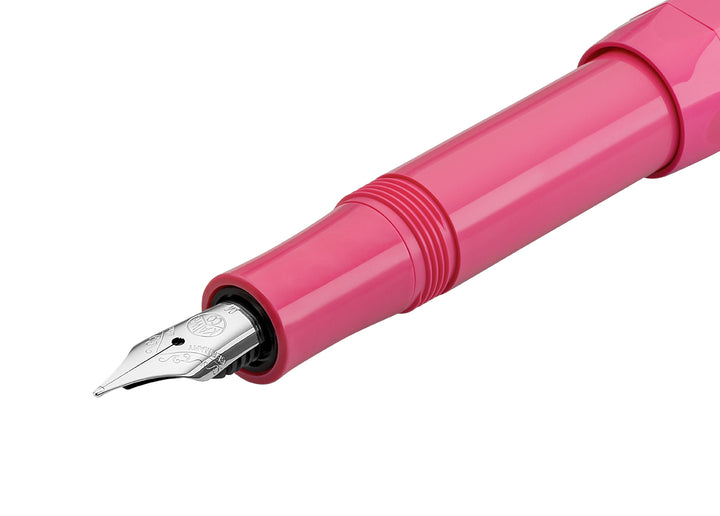 Macro shot of Kaweco silver stainless steel nib and feed on the Pink Skyline Sport body.