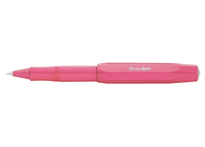 Kaweco Skyline Sport Rollerball Pen Pink open with cap posted on back for full-length writing comfort.