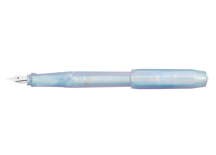 Kaweco Perkeo Fountain Pen in Iridescent Pearl open view, showing the shimmering translucent body and full length.