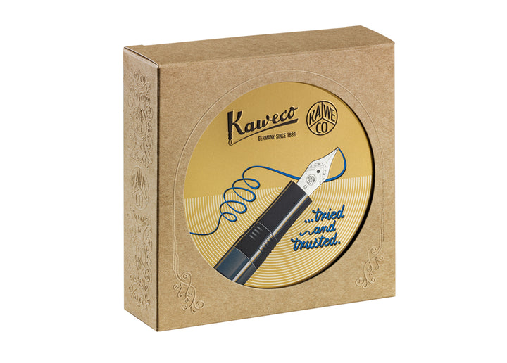 Outer cardboard packaging box for the Kaweco Piston Sport AL featuring a circular front cutout that reveals the gold metal tin inside.