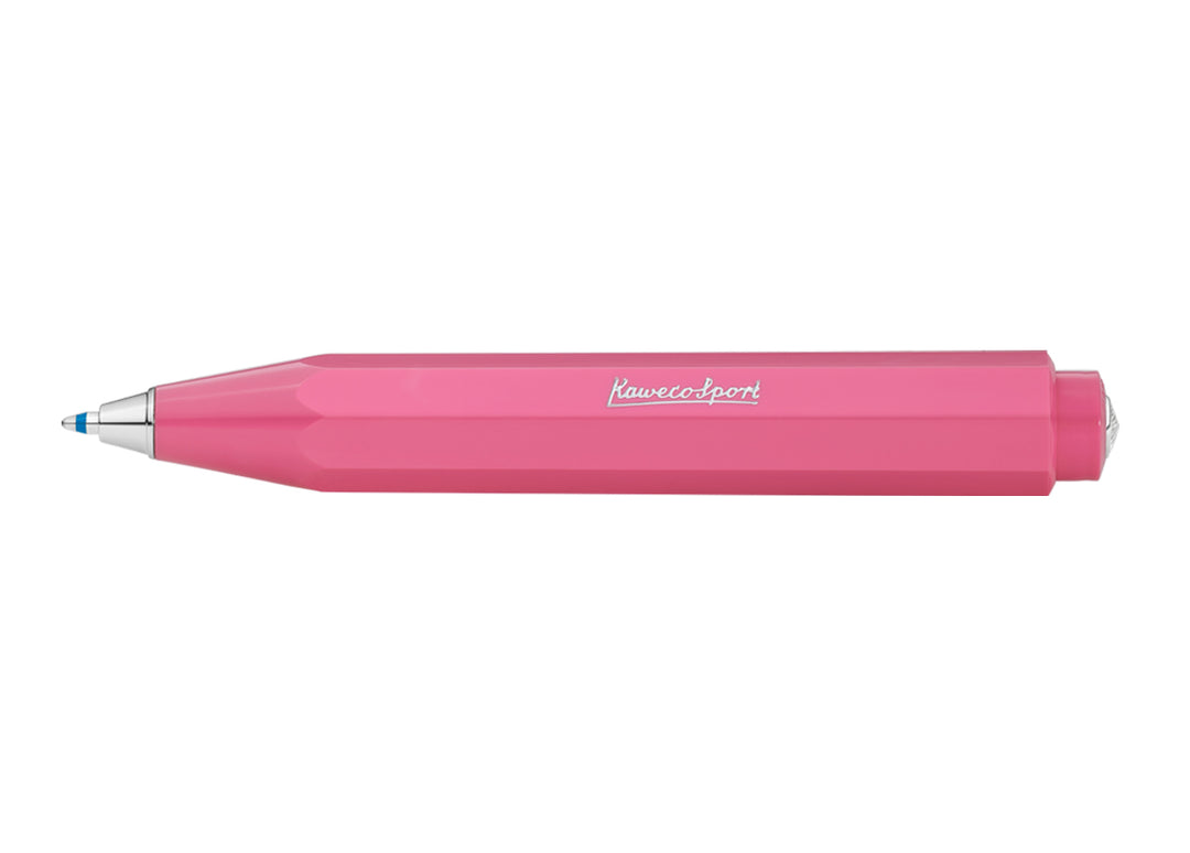 Kaweco Skyline Sport Ballpoint Pen in Pink full body view showing compact octagonal barrel and silver push button.