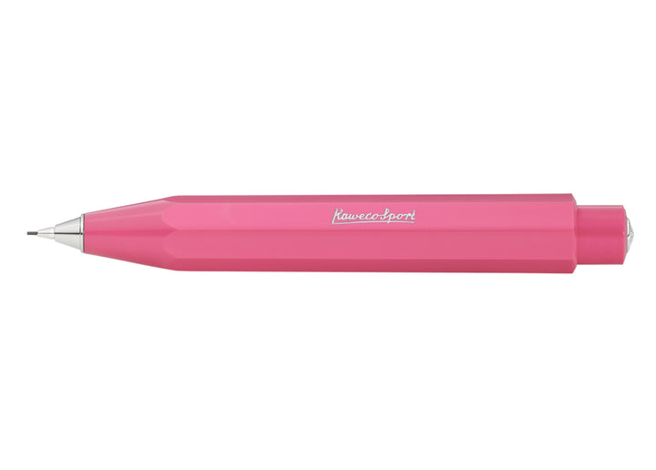 Skyline Sport Mechanical Pencil in Pink full body view showing compact octagonal design, silver logo, and 0.7mm fine writing tip.