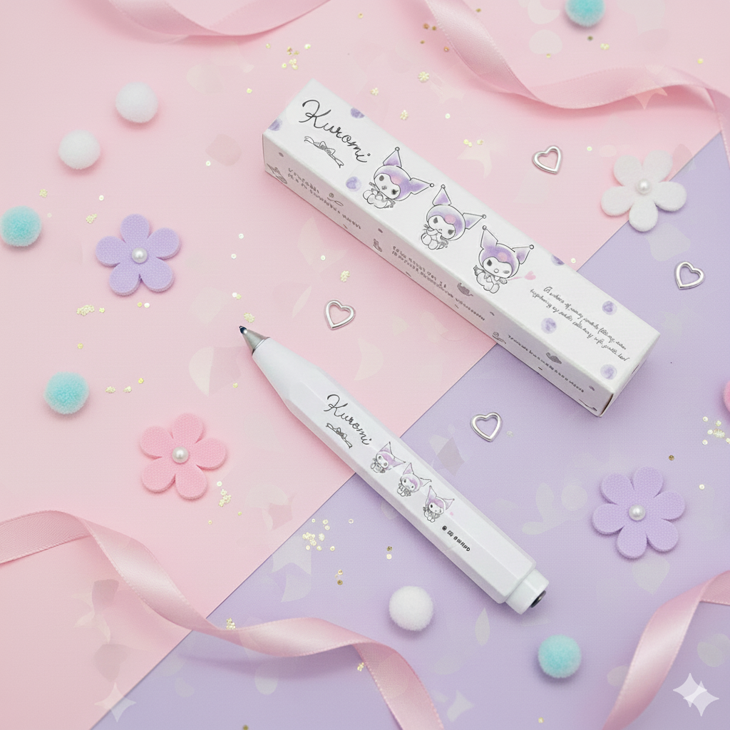 Kaweco X Kuromi Skyline Sport Ballpoint Pen – White with packaging and manual on a white background and packaging on a pastel background