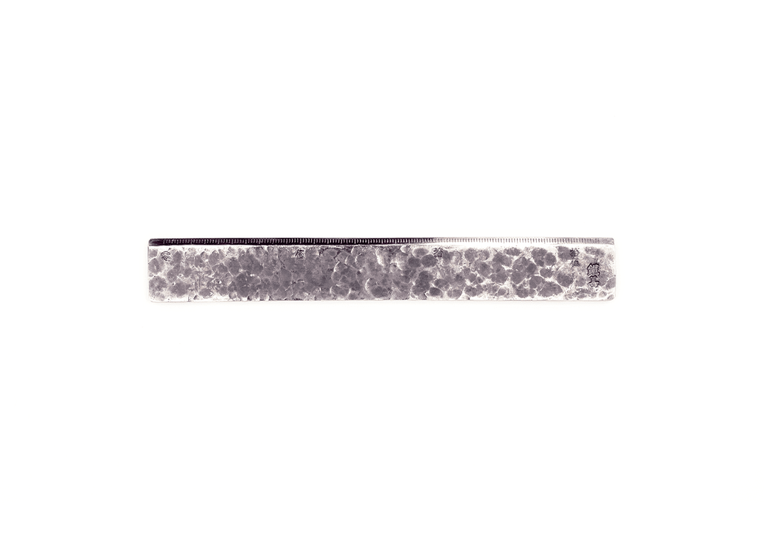 Kurogane Kazura Hand-Forged Steel Ruler by Inoue Tool Works with a hammered finish and kanji numerals.