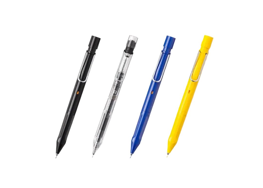 The complete collection of LAMY safari KURUTOGA 0.5mm mechanical pencils arranged diagonally on a white background, displaying the black, Vista Clear, blue, and yellow colour variants.