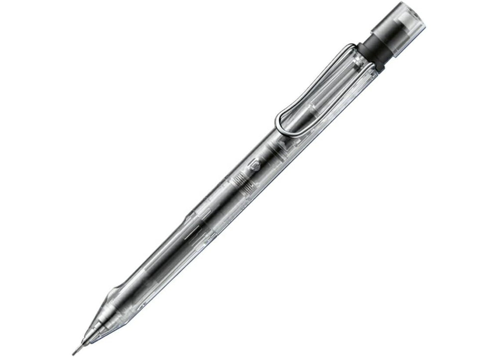 Close-up of the LAMY safari KURUTOGA mechanical pencil in Vista Clear, featuring a transparent resin body that reveals the internal automatic lead rotation engine and the signature metal clip.
