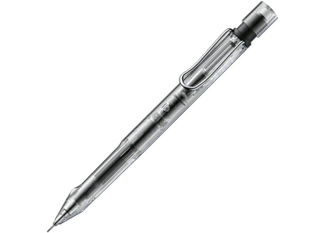 Close-up of the LAMY safari KURUTOGA mechanical pencil in Vista Clear, featuring a transparent resin body that reveals the internal automatic lead rotation engine and the signature metal clip.