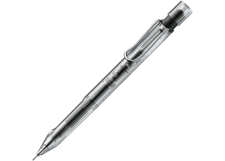 Close-up of the LAMY safari KURUTOGA mechanical pencil in Vista Clear, featuring a transparent resin body that reveals the internal automatic lead rotation engine and the signature metal clip.