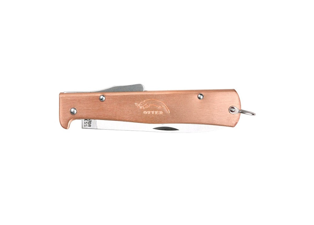 Otter Mercator Copper Pocket Knife in the closed position, illustrating its remarkably slim profile designed for everyday carry.