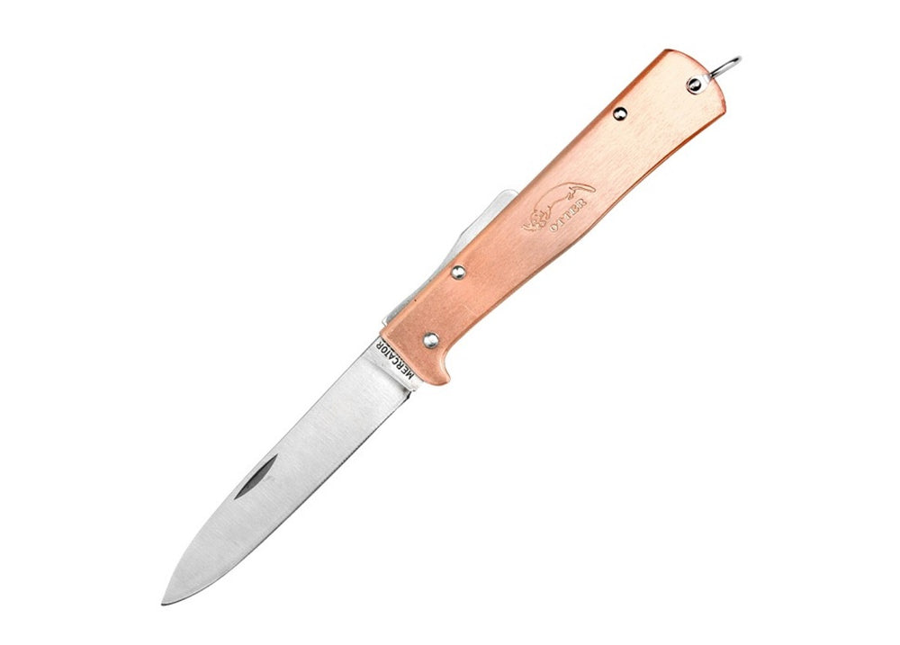 Otter Mercator Copper Pocket Knife fully open, displaying the 90mm stainless steel blade and solid brushed copper handle.