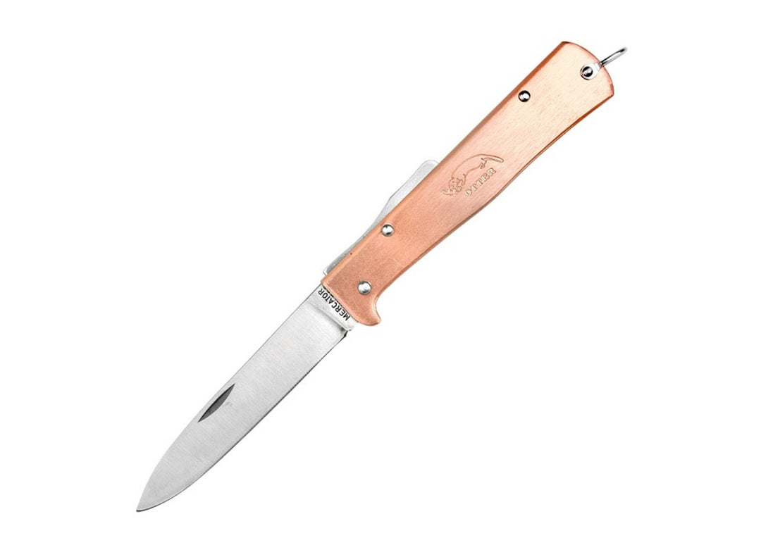 Otter Mercator Copper Pocket Knife fully open, displaying the 90mm stainless steel blade and solid brushed copper handle.