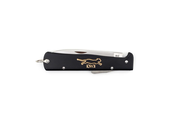 Otter Mercator K55K Black Cat Pocket Knife in the closed position, illustrating its iconic slim profile and practical lanyard ring for everyday carry.