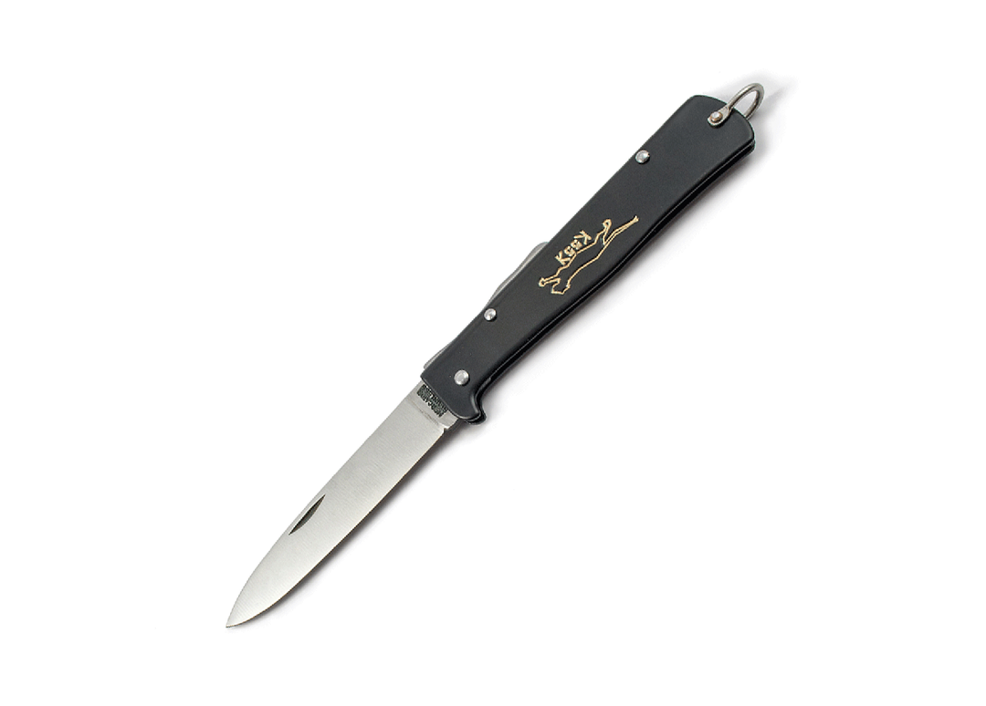 Otter Mercator K55K Black Cat Pocket Knife fully open, displaying the 90mm stainless steel blade and black powder-coated handle with the gold K55K logo.