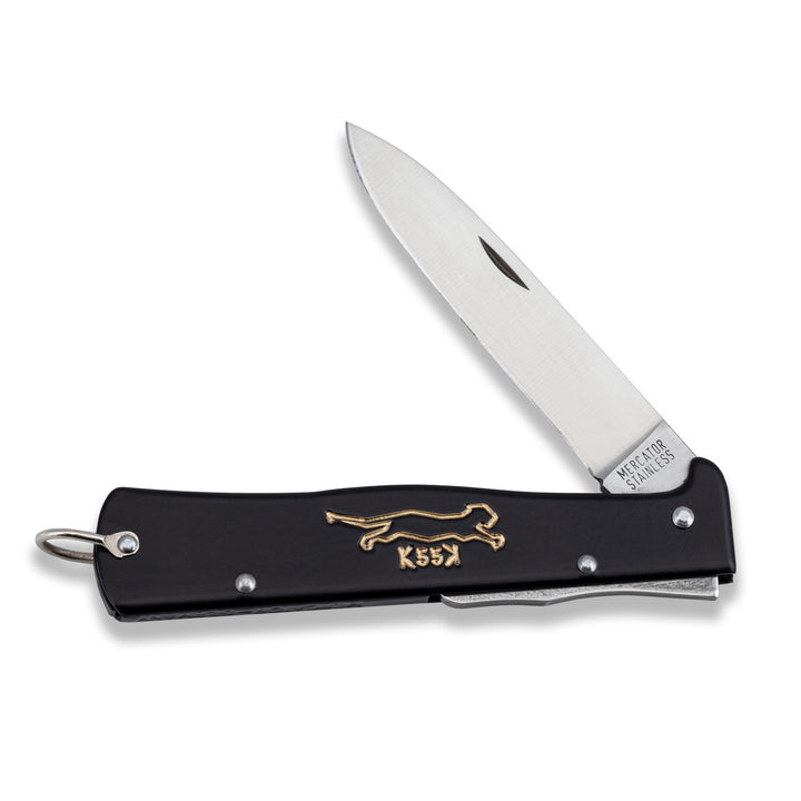 Otter Mercator K55K Black Cat partially open, highlighting the stainless steel blade engraving and distinctive gold-stamped cat logo.