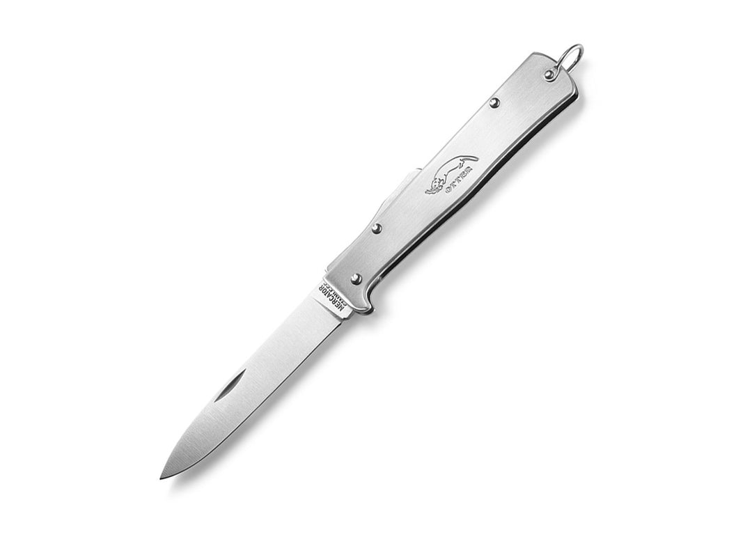 Otter Mercator Stainless Steel Pocket Knife fully open, displaying the 90mm blade and durable brushed stainless steel handle.