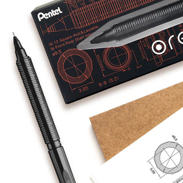 Pentel Orenz Nero Automatic Mechanical Pencil and ruler on a white background
