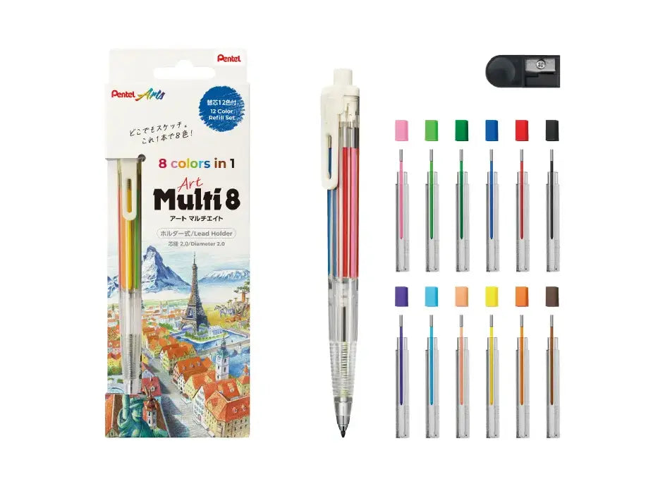 Pentel Art Multi 8 Lead Holder Designer Set (PH804ST) packaging containing pen, 12-color refill pack, and lead pointer.