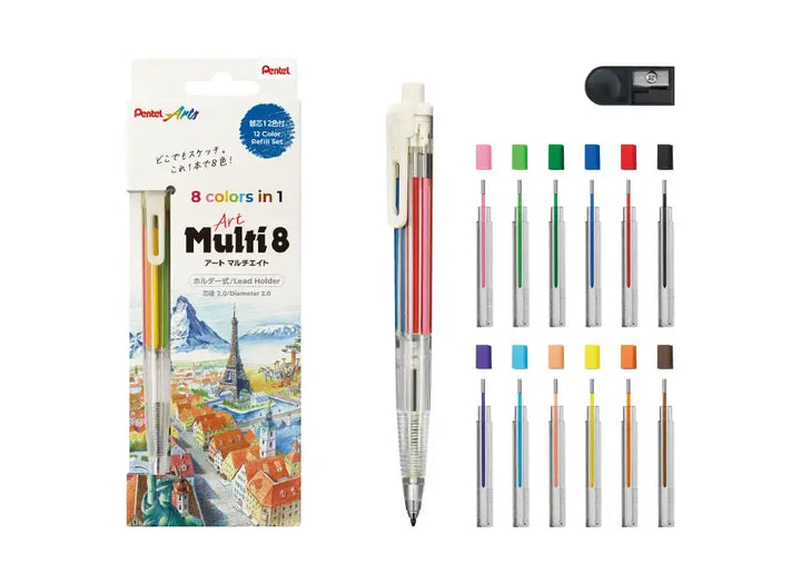 Pentel Art Multi 8 Lead Holder Designer Set (PH804ST) packaging containing pen, 12-color refill pack, and lead pointer.