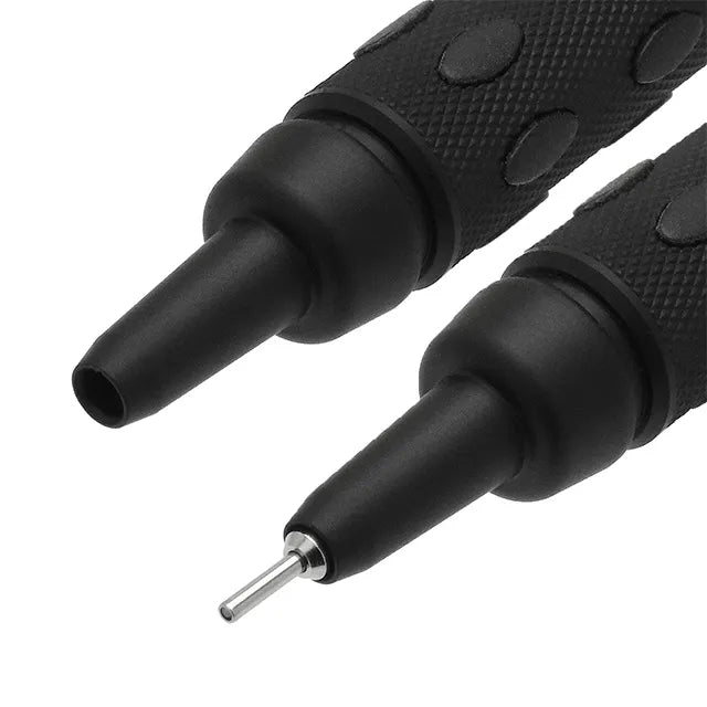 Close-up demonstrating the dual-action retractable tip and black hybrid metal-rubber grip on the Pentel GraphGear 1000 Anniversary Edition PG1015-ANA.