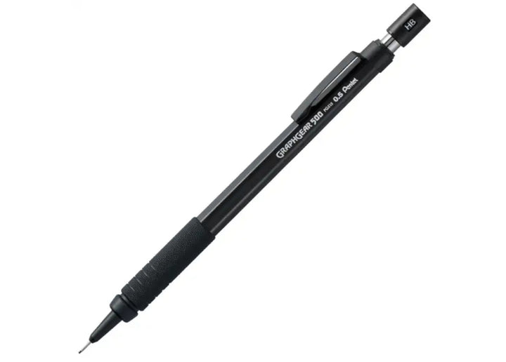 Isolated full body view of the black Pentel GraphGear 500 PG515 mechanical pencil against a white background, showing the model name and HB lead indicator.