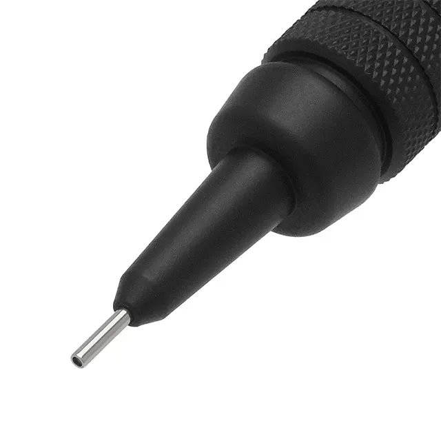 Close-up view of the black knurled metal grip and fine 4mm fixed lead sleeve of the Pentel GraphGear 500 PG515 mechanical pencil.