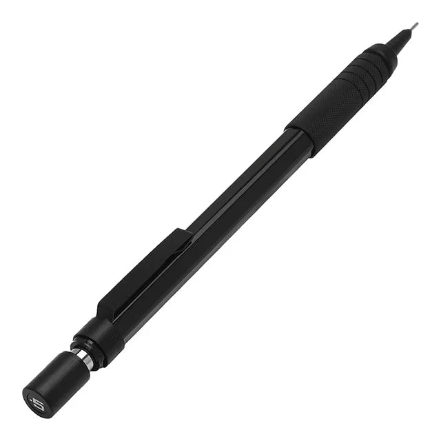 Full body view of the all-black Pentel GraphGear 500 PG515 mechanical pencil, showing its knurled grip, hexagonal barrel, and 0.5mm lead indicator cap.