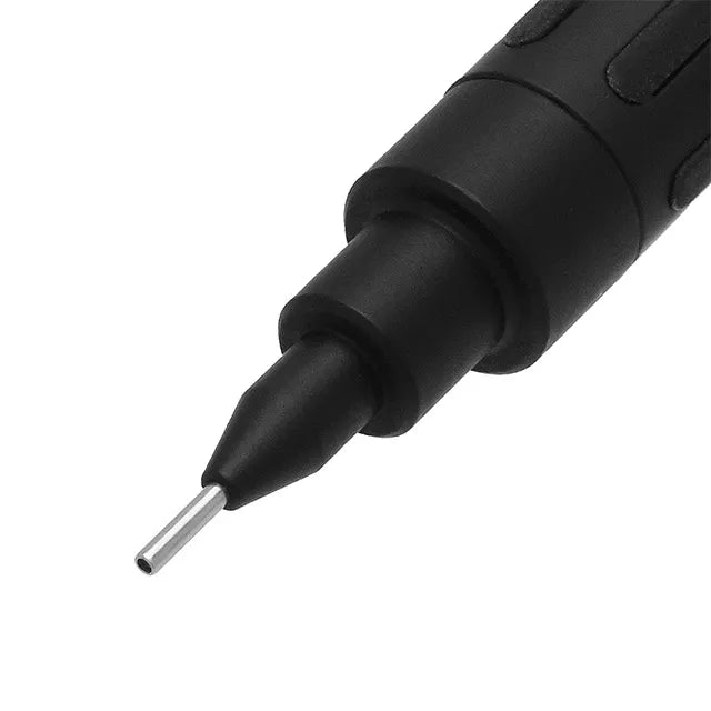 Close-up of the stealth black stepped tip and hybrid metal-rubber grip on the Pentel Graph 1000 Anniversary Edition PG1005-ANA.