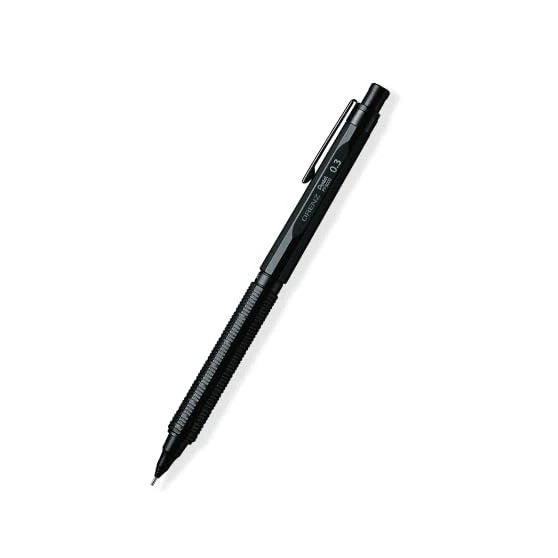 Pentel Orenz Nero mechanical pencil highlighting the matte black 12-sided dodecagon barrel and automatic lead advancement tip.