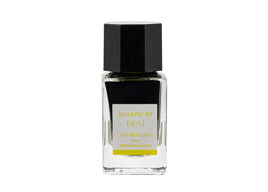 Pilot Iroshizuku Hotaru-bi (Light of Fireflies) 15ml mini glass ink bottle filled with luminous chartreuse yellow-green fountain pen ink
