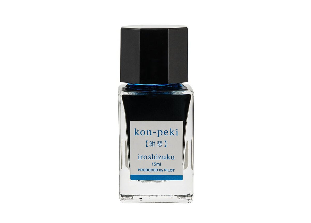 Pilot Iroshizuku Kon-peki (Deep Azure) 15ml mini glass ink bottle filled with vivid cerulean blue fountain pen ink