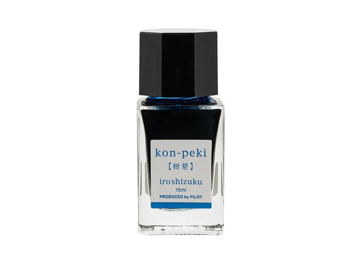 Pilot Iroshizuku Kon-peki (Deep Azure) 15ml mini glass ink bottle filled with vivid cerulean blue fountain pen ink