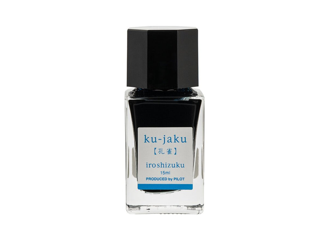 Pilot Iroshizuku Ku-jaku (Peacock) 15ml mini glass ink bottle filled with vibrant teal-blue fountain pen ink