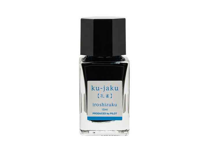 Pilot Iroshizuku Ku-jaku (Peacock) 15ml mini glass ink bottle filled with vibrant teal-blue fountain pen ink