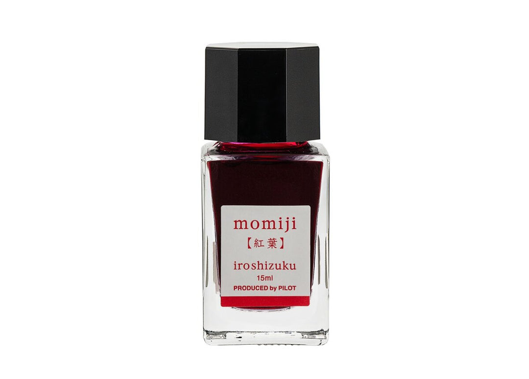 Pilot Iroshizuku Momiji (Autumn Leaves) 15ml mini glass ink bottle filled with vibrant red fountain pen ink