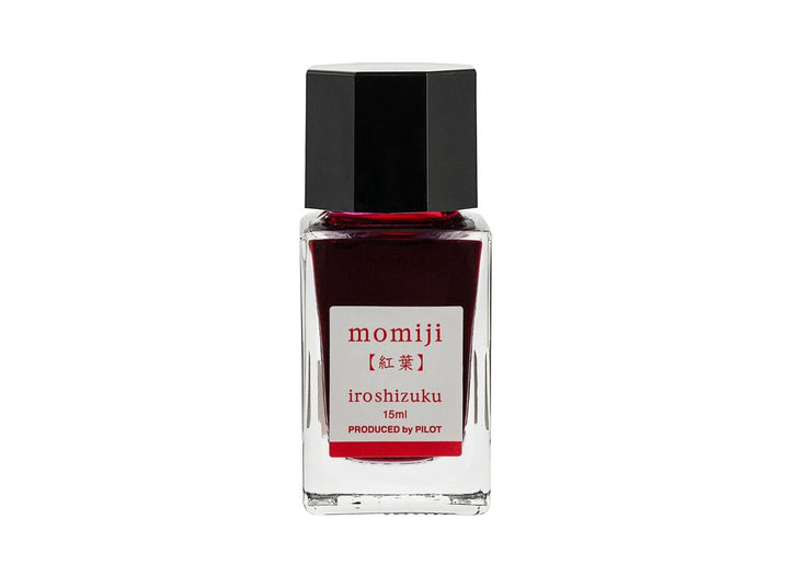 Pilot Iroshizuku Momiji (Autumn Leaves) 15ml mini glass ink bottle filled with vibrant red fountain pen ink