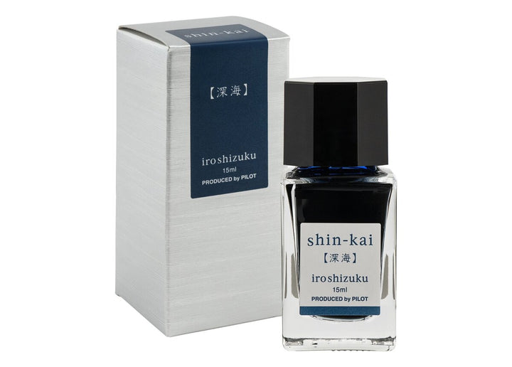 Pilot Iroshizuku Shin-kai (Deep Sea) 15ml glass fountain pen ink bottle with silver presentation box