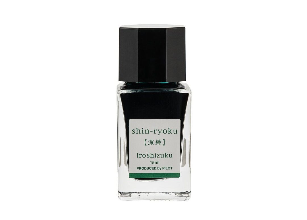 Pilot Iroshizuku Shin-ryoku (Forest Green) 15ml mini glass ink bottle filled with rich forest green fountain pen ink