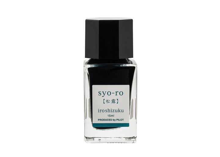 Pilot Iroshizuku Syo-ro (Dew on Pine Tree) 15ml mini glass ink bottle filled with deep teal-green fountain pen ink