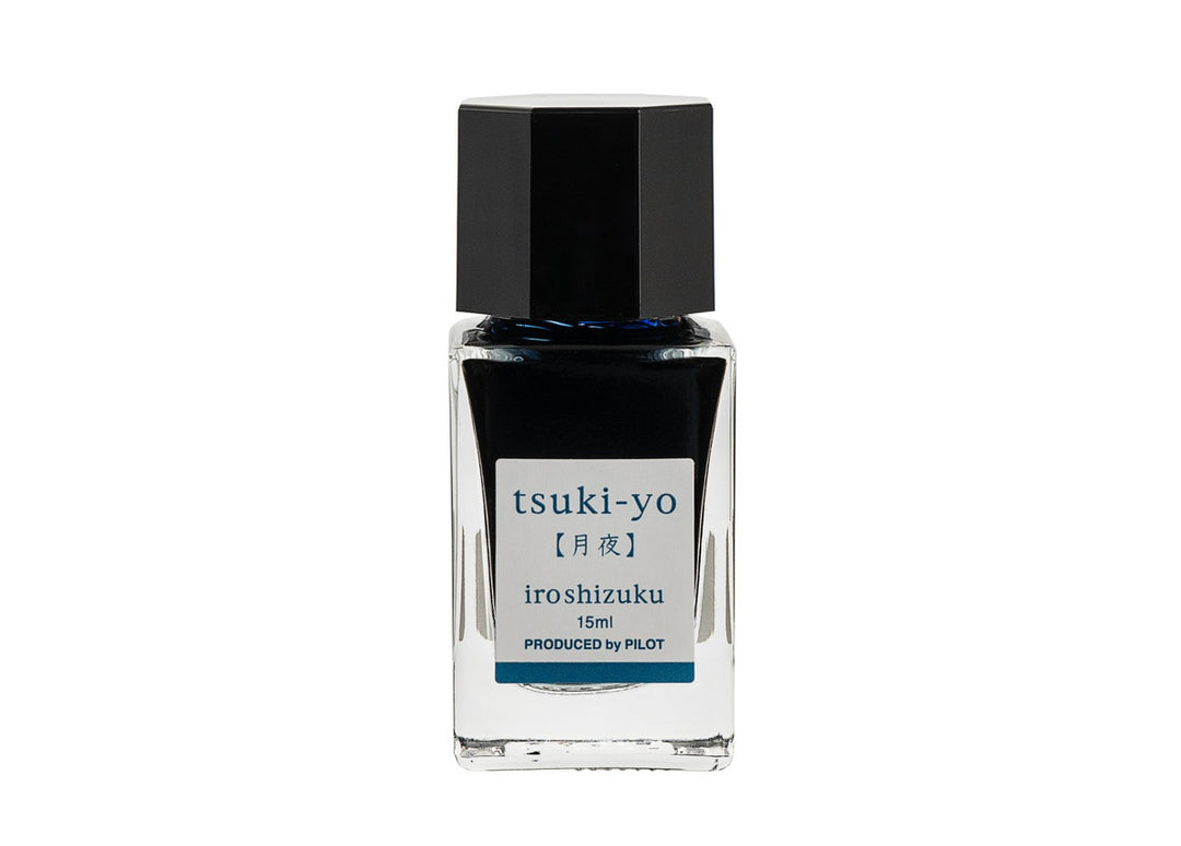 Pilot Iroshizuku Tsuki-yo (Moonlight) 15ml mini glass ink bottle filled with deep blue-teal fountain pen ink