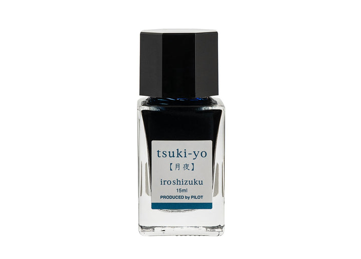 Pilot Iroshizuku Tsuki-yo (Moonlight) 15ml mini glass ink bottle filled with deep blue-teal fountain pen ink