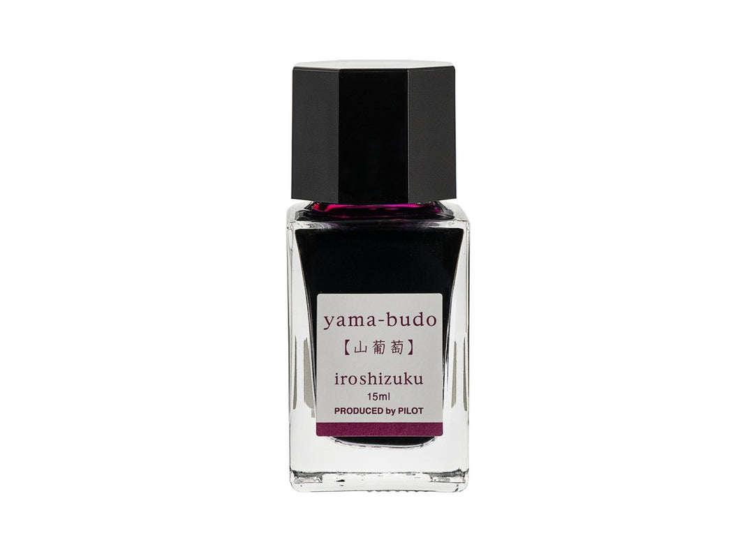 Pilot Iroshizuku Yama-budo (Crimson Glory Vine) 15ml mini glass ink bottle filled with vibrant magenta-burgundy fountain pen ink
