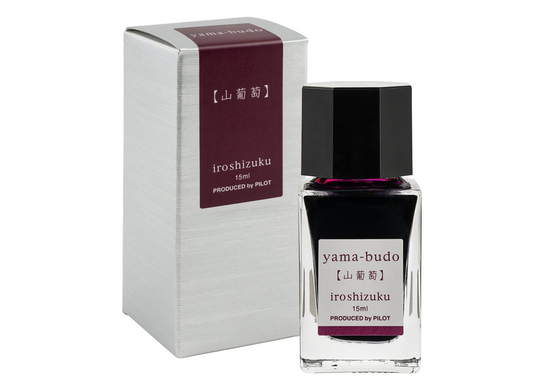 Pilot Iroshizuku Yama-budo (Crimson Glory Vine) 15ml glass fountain pen ink bottle with silver presentation box