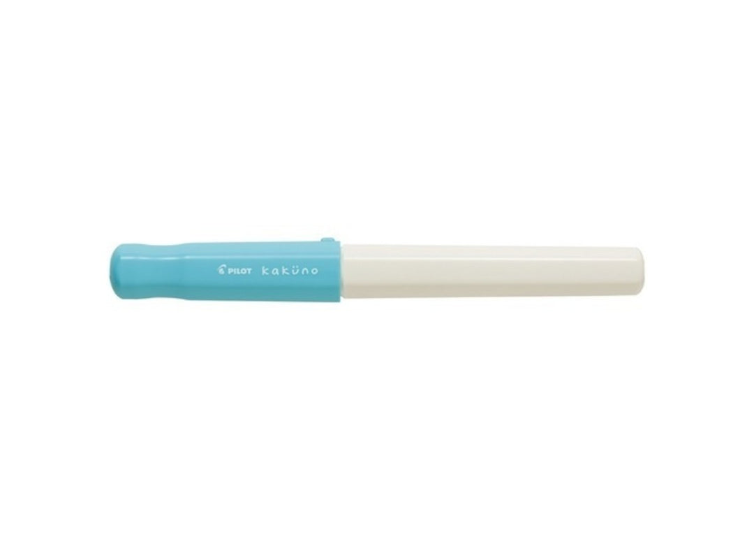 Pilot Kakuno Soft Blue fountain pen with pastel blue cap and white ergonomic body.