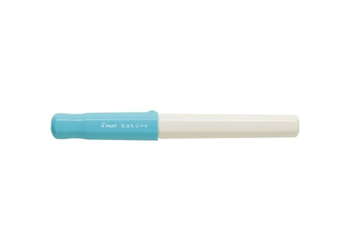 Pilot Kakuno Soft Blue fountain pen with pastel blue cap and white ergonomic body.